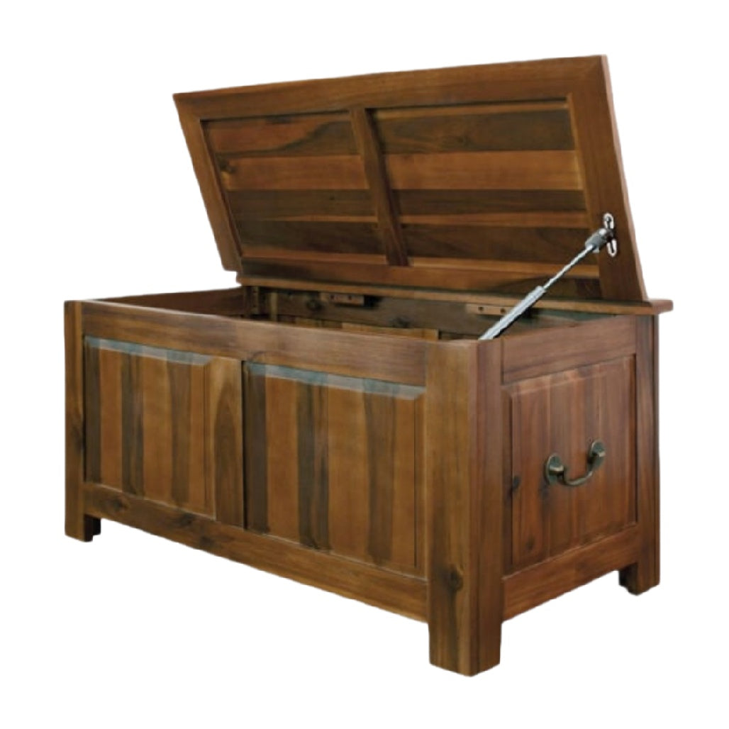 Rustic Wooden Storage Chest with Hinged Top and Metal Accents